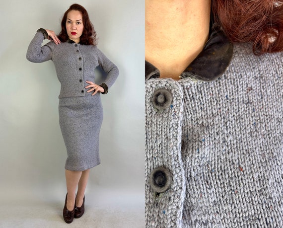 1950s Pewter Perfection Knit Dress Set | Vintage 50s Grey Tweed Fleck Wool Cardigan Sweater Top & Skirt Two Piece Set w/Velvet Trim | Medium