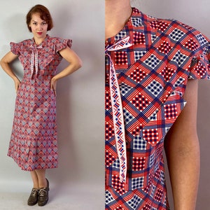 1930s Patriotic Picnic Dress Vintage 30s Diamonds and Squares Red White and Blue Cotton Print Frock with Flutter Sleeves Medium Large image 1