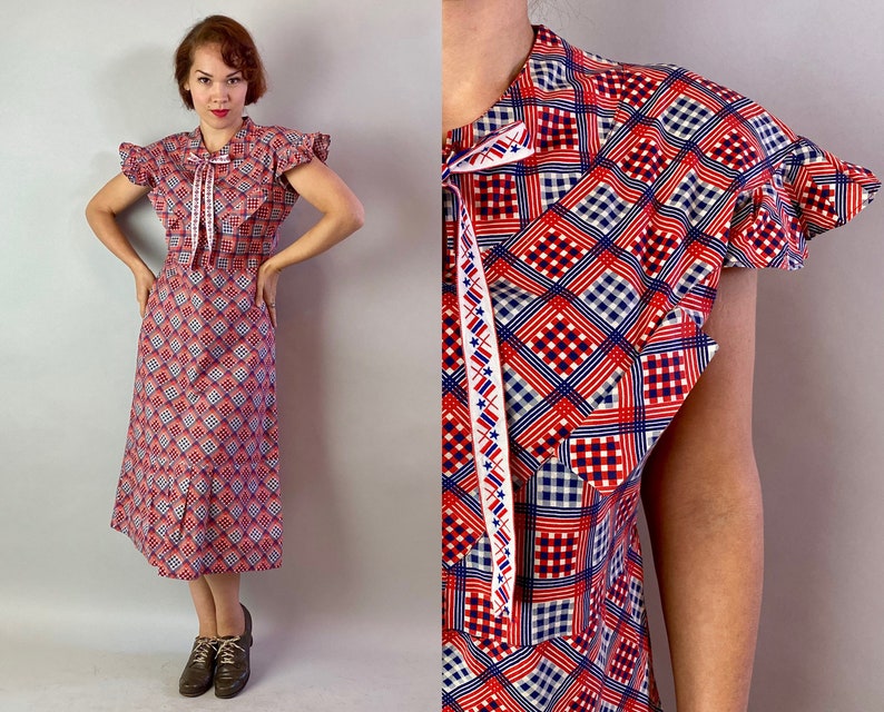 1930s Patriotic Picnic Dress Vintage 30s Diamonds and Squares Red White and Blue Cotton Print Frock with Flutter Sleeves Medium Large image 1