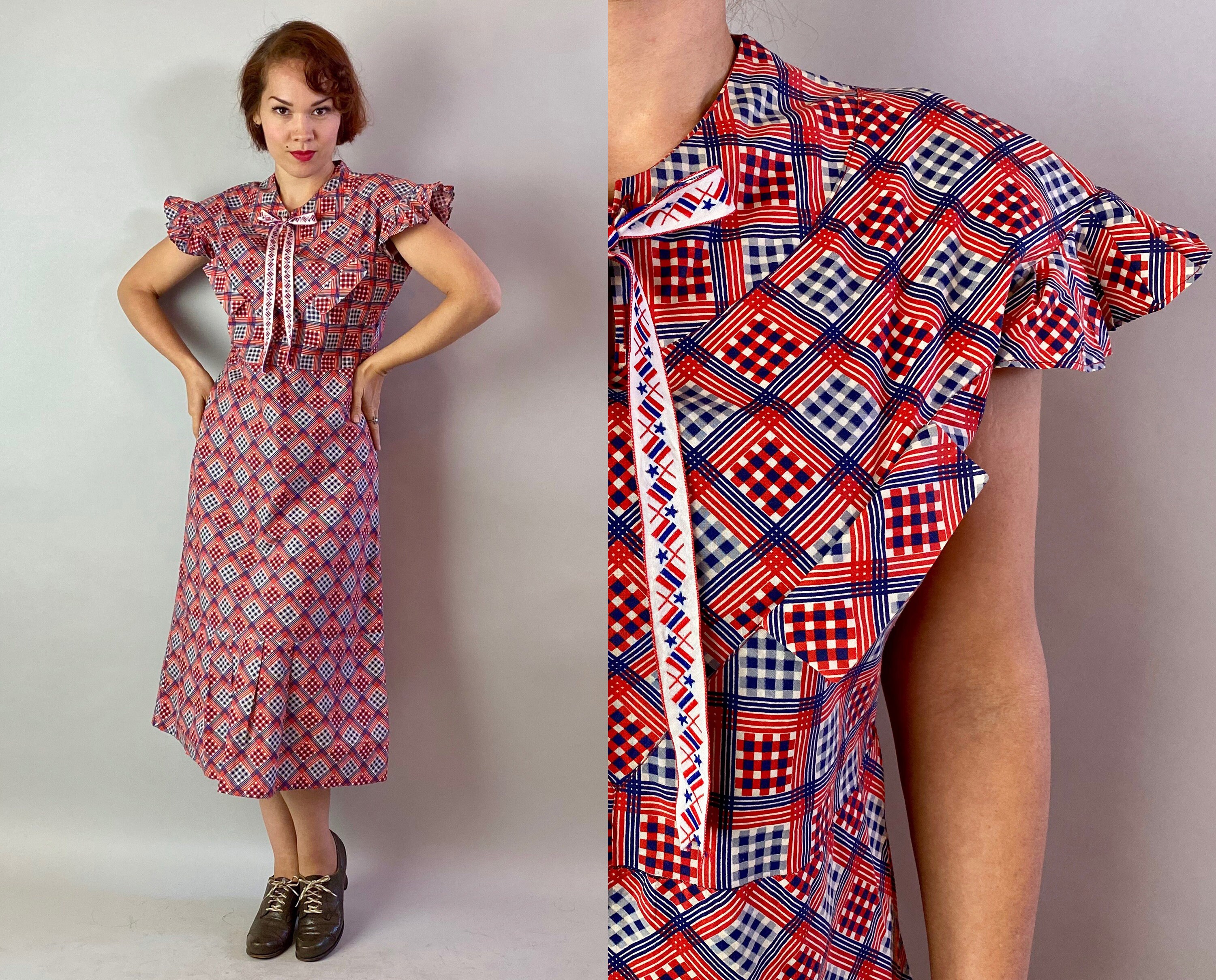 1930s Patriotic Picnic Dress | Vintage 30s Diamonds and Squares Red ...