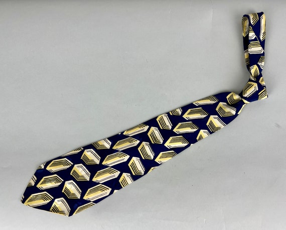 1940s Shine on You Crazy Diamond Necktie | Vintage 40s Blue Silk Brocade Self Tie with Diamond Jewels Print in White and Yellow by 'Brent'