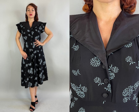 1940s Mad for Mums Dress | Vintage 40s Black Rayon Faux Shirtwaist Frock with Painted Teal Blue Floral Pattern and Cap Wing Sleeves | Medium