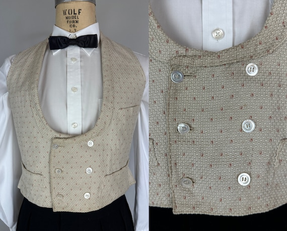 1900s Man of Distinction Vest | Vintage Antique Edwardian White & Ochre Textured Silk Weave Double Breasted Waistcoat w/Shawl Lapel | Medium