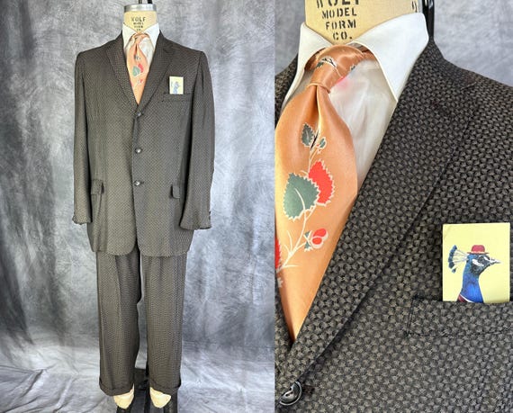 1950s Mack the Knife Suit | Vintage 50s Metallic Black and Silver Taupe Silk Jacquard Two Piece Jacket and Pants Set | Size 42 Large