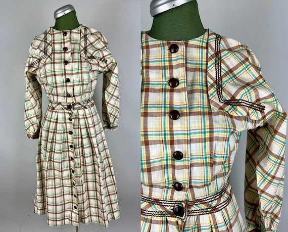 1940s Country Cutie Frock | Vintage 40s Brown Yellow Turquoise and White Plaid Cotton Shirtwaist Day Dress w/Ric Rac | Extra Small XS