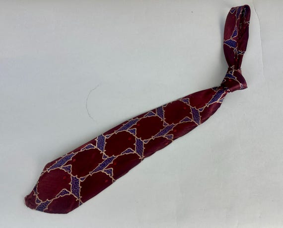 1930s Postage Pal Necktie | Vintage 30s Plum Purple Silver and Violet Silk Brocade Self Tie Cravat with Layered Scalloped Edge Stamp Squares