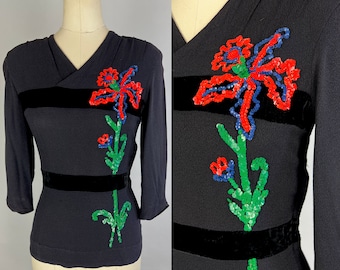 1930s Blooming Beauty Blouse | Vintage 30s Black Rayon Crepe & Velvet Evening Top Shirt w/ Red Green and Blue Sequin Flower | Extra Small XS