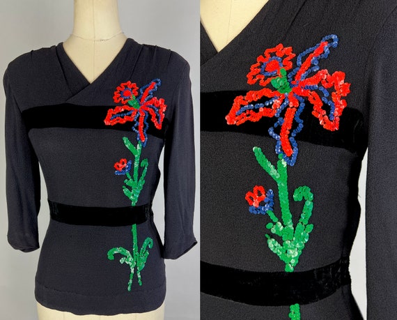 1930s Blooming Beauty Blouse | Vintage 30s Black Rayon Crepe & Velvet Evening Top Shirt w/ Red Green and Blue Sequin Flower | Extra Small XS