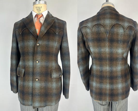 1950s Hunky Hank Jacket | Vintage 50s Blue Brown and Black Shadow Plaid Wool Western Coat w/Action Back & Peak Lapels | Size 36 Small
