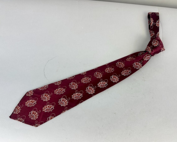 1930s Under The Sea Necktie | Vintage 30s Maroon Red Silk Brocade Self Tie Cravat with Pearl White and Orange Ocean Creatures by Murrytown