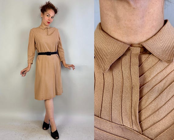 1940s Sahara Sands Dress | Vintage 40s Beige Rayon Crepe Frock w/Diagonal Stripe Pintucks & Top Stitched Collar and Cuffs | Extra Large XL