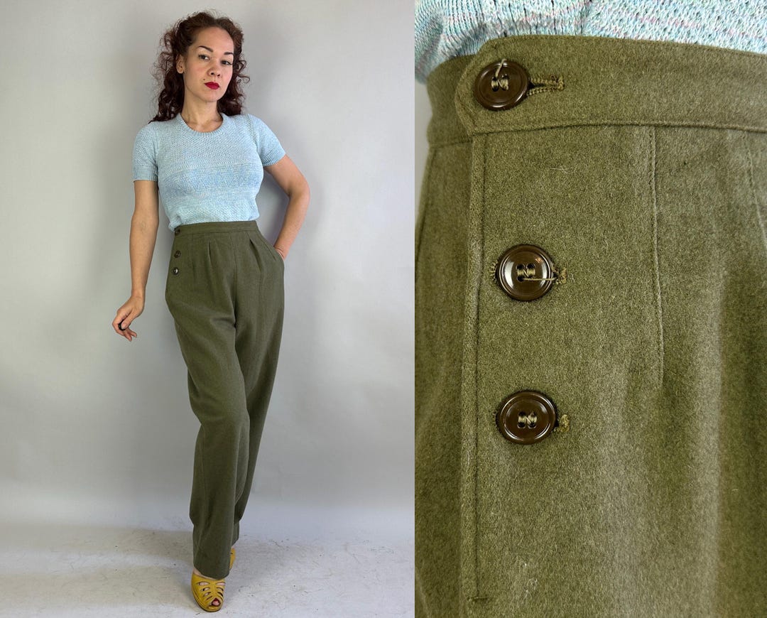 1950s Wonderful WAC Trousers | Vintage 50s Olive Green Wool 1950s Wonderful WAC Trousers | Vintage 50s Olive Green Wool