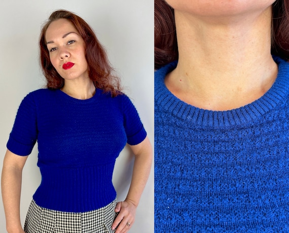 1940s Sultry Sweater Girl Blouse | Vintage 40s Cobalt Blue Wool Knit Shirt Top with Bubbled Stripe Texture and High Neck | Small Medium