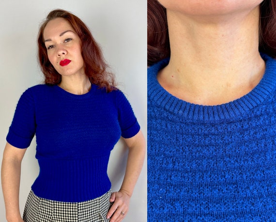 1940s Sultry Sweater Girl Blouse | Vintage 40s Cobalt Blue Wool Knit Shirt Top with Bubbled Stripe Texture and High Neck | Small Medium