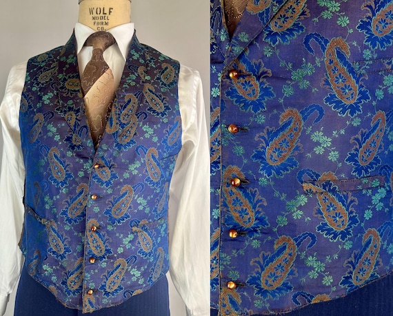1800s Dandy's Delight Waistcoat | Vintage Antique Victorian Paisley Jacquard Moody Blues and Bronze Silk and Combed Cotton Vest | Large