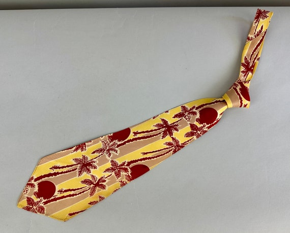 1930s Palm Beach Sunset Necktie | Vintage 30s Red Yellow and Pink Palm Trees Silk Self Tie Cravat by "Hollyvogue"