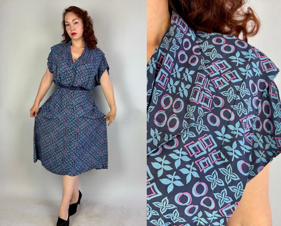 1940s Hugs and Kisses Frock | Vintage 40s Blue and Pink Rayon Shirtwaist Dress with Circles Boxes and X Shaped Leaves Print | Extra Large XL