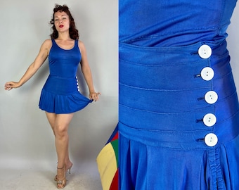 1930s Janet's Team Player Playsuit | Vintage 30s Cobalt Blue Rayon Jersey 2-Piece Swimsuit Romper w/Removeable Coverup Button Skirt | Medium