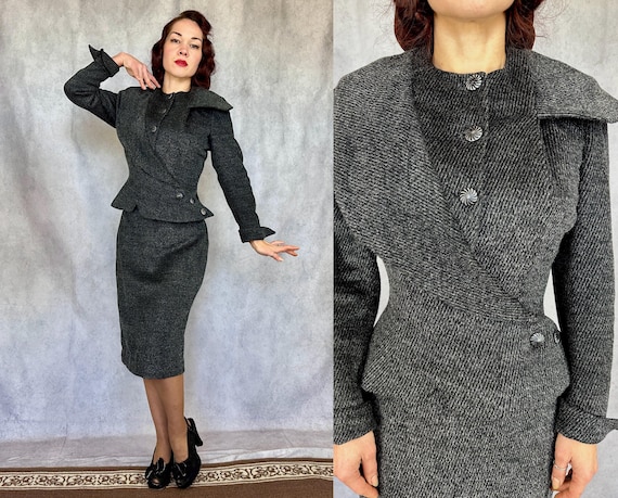 1950s Static Stripe "Lilli Ann" Suit | Vintage 50s Black and Grey Long Nap Wool Mohair Two Piece Asymmetric Jacket & Skirt Set | Extra Small