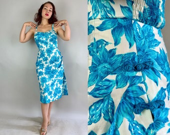 1950s Too Hot Tiki Dress | Vintage 50s Blue and White Floral Cotton Hawaiian Sun Sarong Frock with Ultra High Slit and Frog Toggles | Small