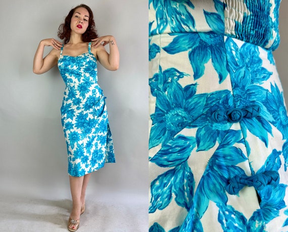 1950s Too Hot Tiki Dress | Vintage 50s Blue and White Floral Cotton Hawaiian Sun Sarong Frock with Ultra High Slit and Frog Toggles | Small