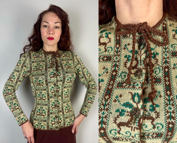 1940s Bestiary Best "Catalina" Cardigan | Vintage 40s Cream Green and Brown Forest Animals Jacquard Wool Knit Sweater | Small Extra Small XS