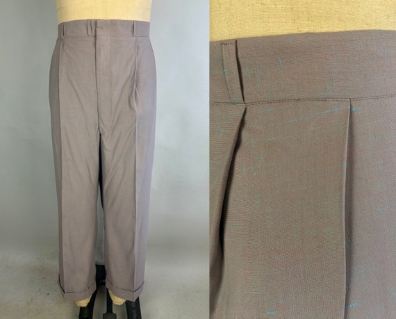 1950s Leading Man Trousers | Vintage 50s Dove Grey Slubby Wool Pleated Pants Slacks with Electric Blue Flecks | 42x28 Extra Large XL