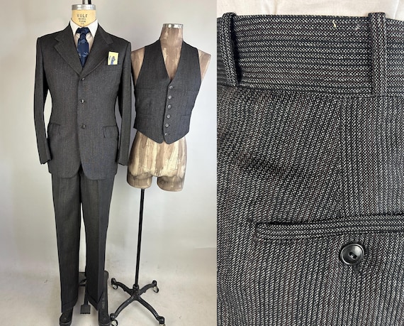 1940s Moe's Good Morning Striped Suit | Vintage 30s Charcoal Gray Wool Three-Piece Single Breasted Jacket Vest and Trousers | Size 36 Small