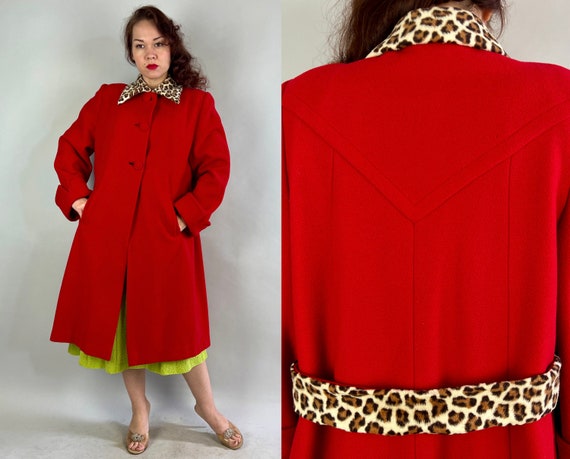 1960s Fiery and Fiesty Coat | Vintage 60s Fire Engine Red Wool Winter Overcoat with Leopard Print Belted Back and Collar | Medium Large