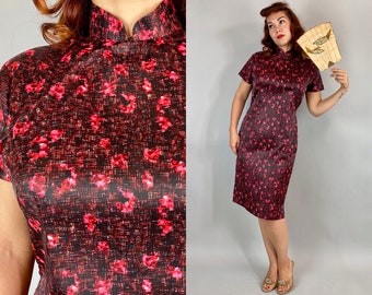 1950s Everything's Coming Up Roses Cheongsam | Vintage 50s Red and Black Artistic Floral Nylon Taffeta Traditional Chinese Dress | Medium