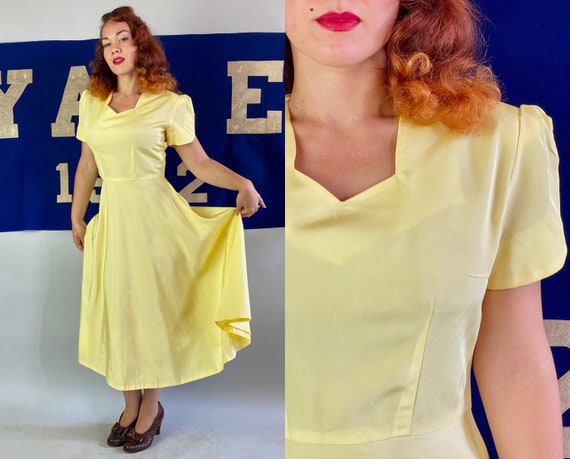 1940s Sunny Side of Life Dress | Vintage 40s Yellow Rayon Taffeta Frock with Puff Shoulders Sweetheart Neckline and Full Skirt | Medium