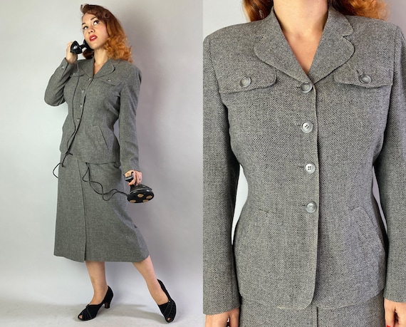 1940s Smart Grey Skirt Suit | Vintage 40s Gray Whi