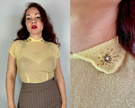 1950s Lemon Drop Candy Top | Vintage 50s Sheer Stretchy Crinkle Nylon Blouse with Rhinestone Beaded Collar and Nape Zipper  | Small