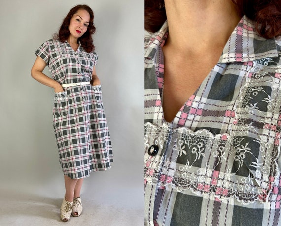 1940s Pretty in Plaid Frock | Vintage 40s Pink Grey and White Tartan Cotton Dress with Embroidered Lace and Big Pockets | Extra Large XL