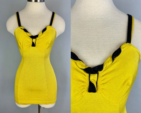 1930s Busy Little Bee Bathing Suit | Vintage 30s Yellow and Black Rayon Cotton Knit One Piece Pinup Swimsuit w/Twist Straps | Extra Small XS