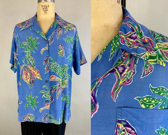 1940s Ferns and Fronds Hawaiian Shirt | Vintage 40s Blue Tiki Cold Rayon Button Up w/Pink Yellow & Green Leaves Print | Large Extra Large XL