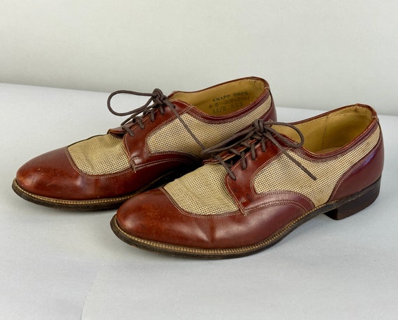 1940s Summer Saunter Shoes | Vintage 40s Leather Cinnamon Brown Apron Toe Summer Oxfords with Beige Mesh Accents by "Knapp" | Size 8 US