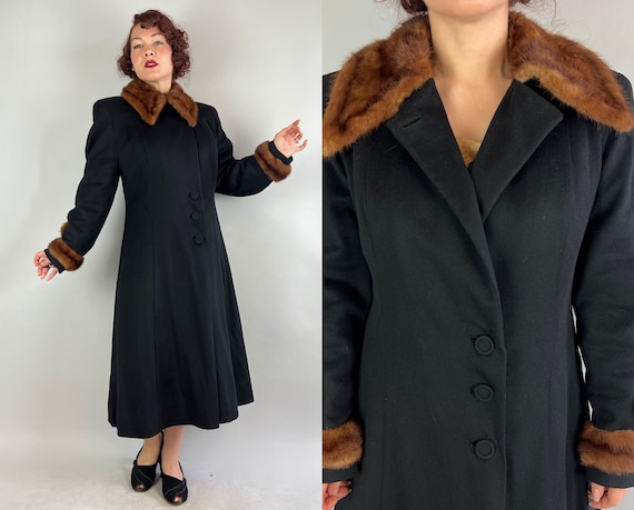 1930s Mistress in Mink Coat | Vintage 30s Black Wool Overcoat with Brown Fur Collar Strong Shoulders and Asymmetric Buttons | Medium Large