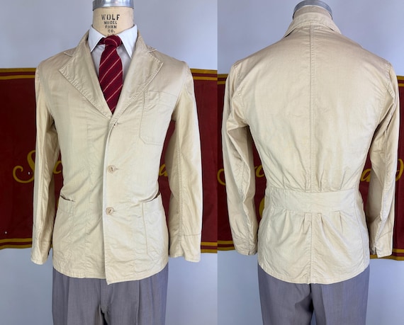 1930s Ship Shape Shop Belted Back Jacket | Vintage 30s Khaki Beige Workwear Blazer with Belt Back and Cat Eye Buttons | Size 34 Small