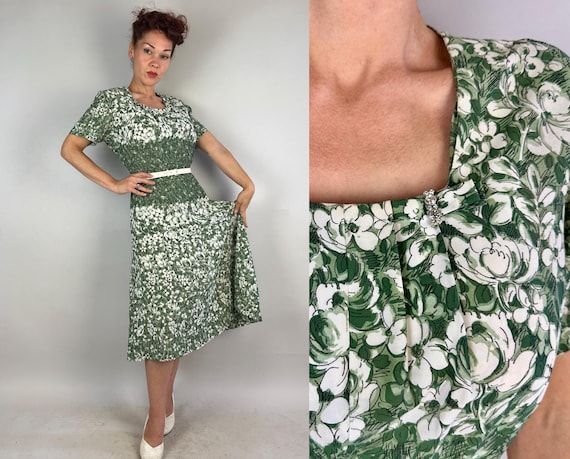 1940s Primavera Penstrokes Day Dress | Vintage 40s Rayon White and Green Line Drawing Flower Pattern Frock with Rhinestone Brooches | Large