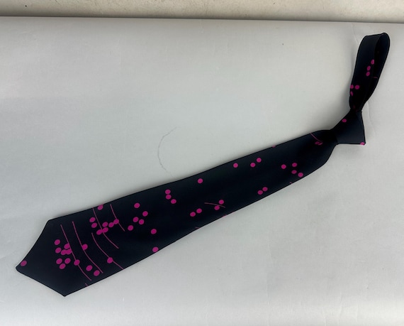 1940s Seeing Spots Necktie | Vintage 40s Black Silk Self Tie Cravat with Fuchsia Pink Dots and Streaks