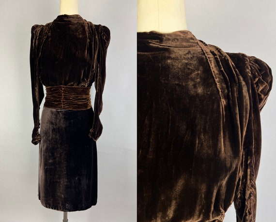 1930s Vixen in Velvet Dress | Vintage Dark Chocolate Brown & Aubergine Silk Velvet Two-Tone Frock Cummerbund Belt and Puff Shoulders | Small