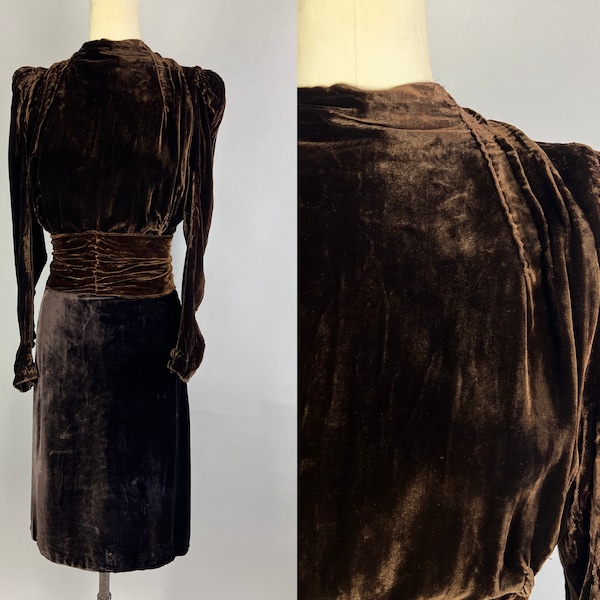 1930s Vixen in Velvet Dress | Vintage Dark Chocolate Brown & Aubergine Silk Velvet Two-Tone Frock Cummerbund Belt and Puff Shoulders | Small