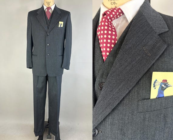 Early 1950s Bobby's Brilliant Business Suit | Vintage 50s Professional Steel Gray Wool Three Piece Jacket Vest Pants Set | Size 40 Medium