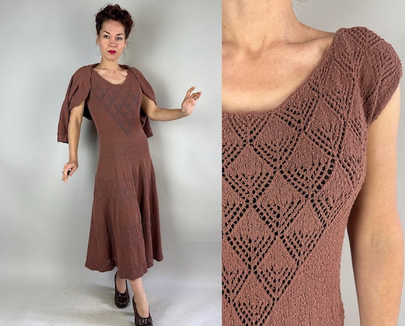 1940s Lovers Don't Leaf Knit Dress Set | Vintage 40s Brown Wool Boucle Lacey Diamond Leaves Knit Frock & Bolero Jacket | Medium Large XL