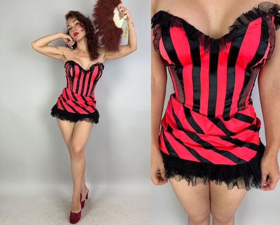 1950s Show Off Showgirl! | Vintage 50s Black and Pink Rayon Satin Stripes Leotard w/Tulle Ruffles Burlesque Dance Costume | Small