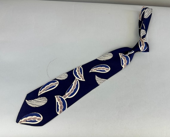 1940s Leafy Love Necktie | Vintage 40s Navy Blue Silk Self Tie Cravat with Cascading Leaf Shapes Filled with Stripes and Squiggles by Arrow