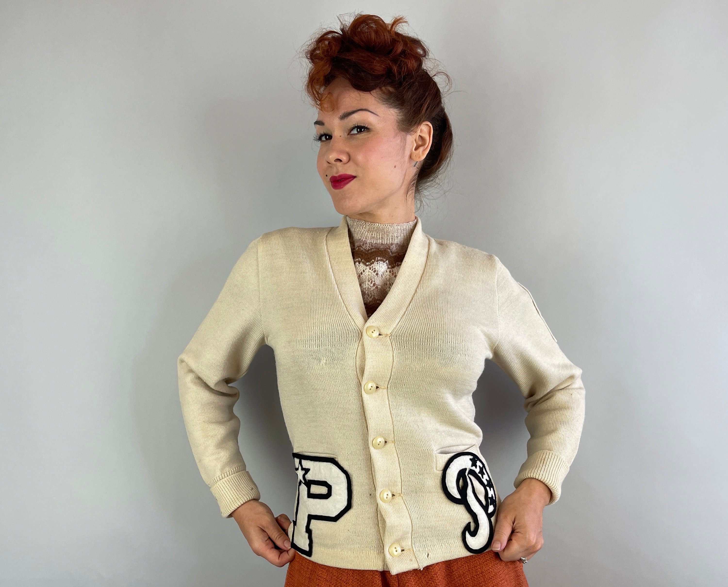 1950s Collegiate Cutie Cardigan | Vintage 50s Ivory White Wool Knit ...