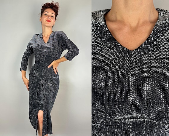 1950s Late Night Lurex Dress | Vintage 50s Black + Silver Thread Flashy Cocktail Frock with Baque Waist and Box Pleat Front Skirt | Small