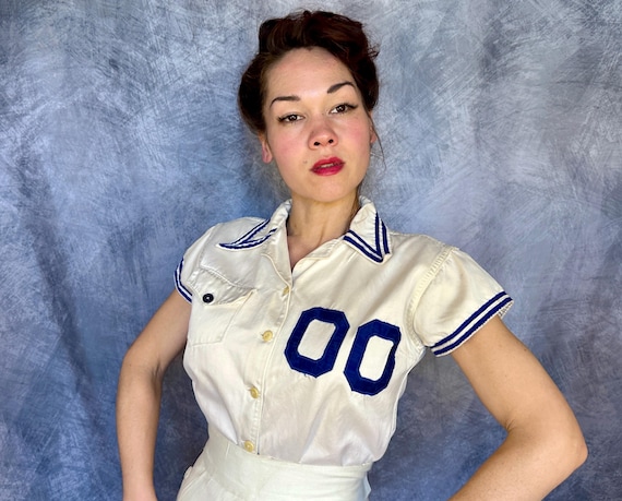 1940s Agent Double Zero Baseball Shirt | Vintage 40s White Cotton Team Sports Button Up Blouse Top with Blue Stripes & 00 Patches | Medium